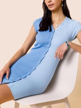 Women's Blue Rain Sasha Button Ribbed Mini Dress - Small